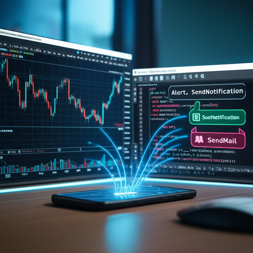 Interface do MetaTrader 5 com gráfico de velas, editor de código MQL5 exibindo funções de alerta e um smartphone recebendo notificação.