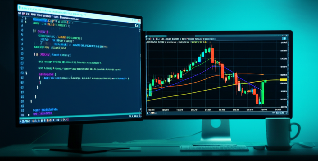 Tela do MetaEditor com código MQL5 e gráfico de médias móveis cruzando no MetaTrader 5