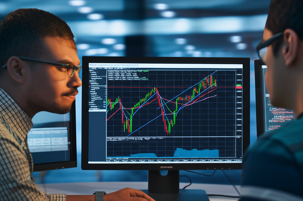 Gráfico de MetaTrader 5 com médias móveis cruzando e código MQL5 ao fundo