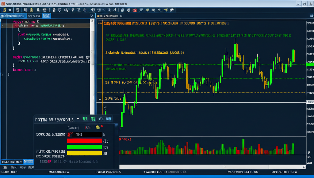 Código MQL5 no MetaEditor com filtro de spread e gráfico de velas mostrando alerta de spread alto