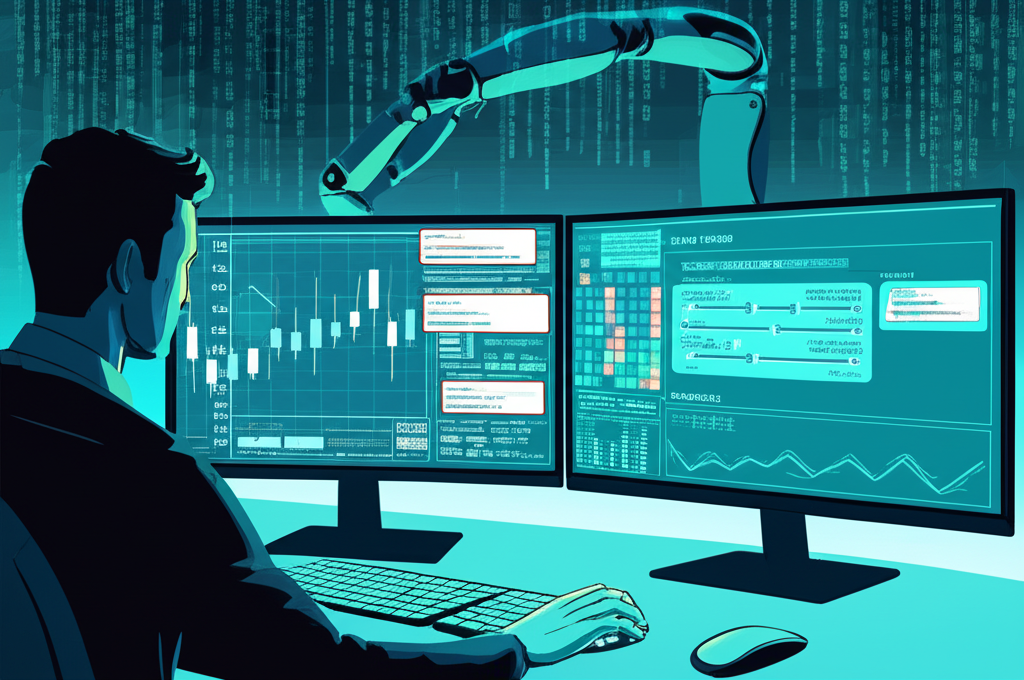 Ilustração de trader usando MetaTrader 5 com gráficos, código MQL5 e janela de otimização exibindo ranges de parâmetros.