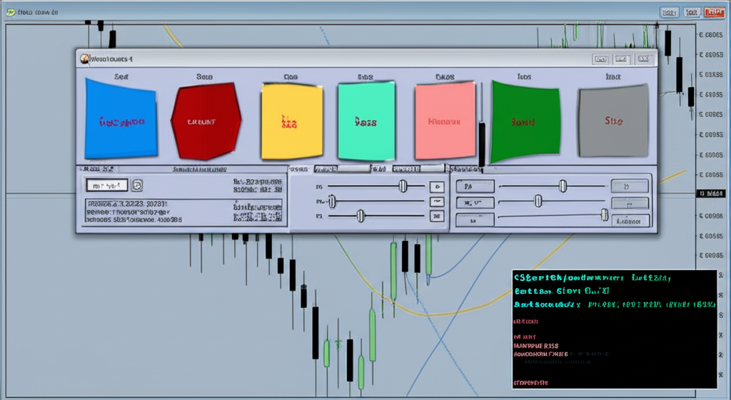 Painel de controle customizado para EA em MQL5 dentro da interface do MetaTrader 5, com botões, sliders e labels sobre um gráfico de candlesticks.