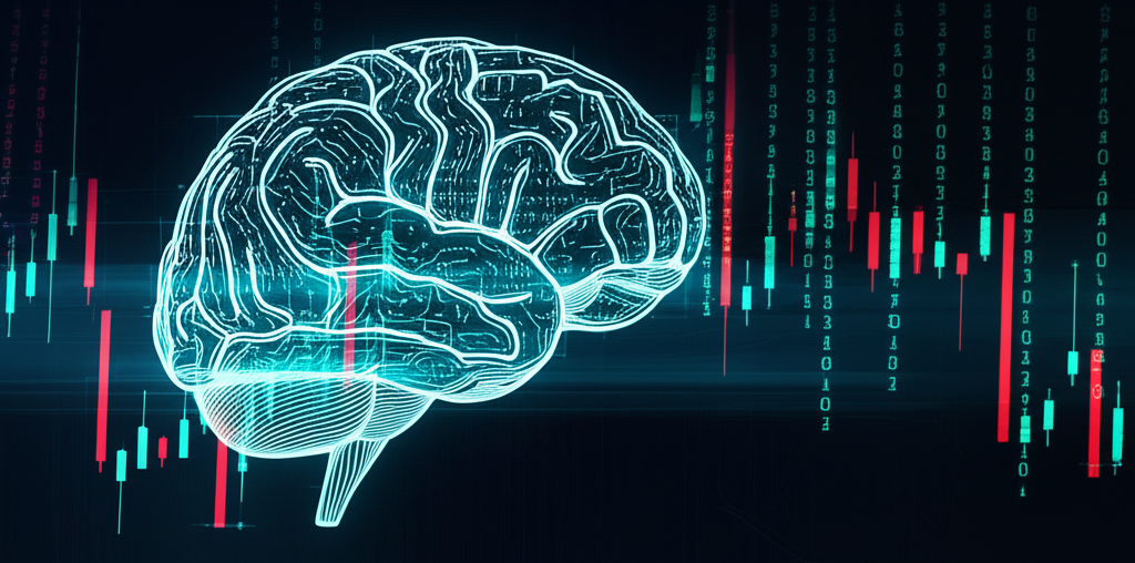 Ilustração de um robô de trading analisando níveis de suporte e resistência em um gráfico de velas