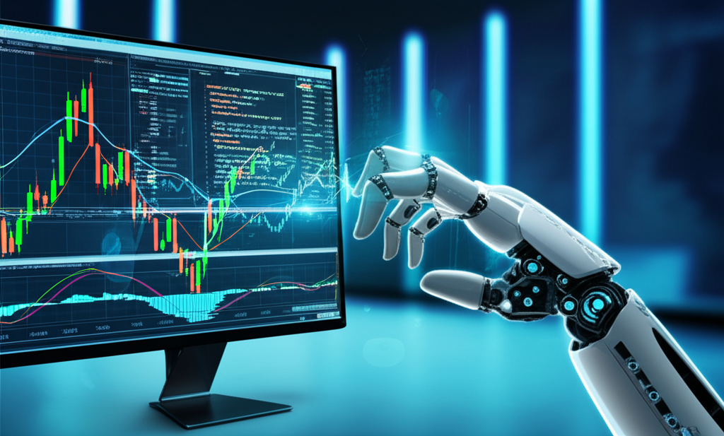 Ilustração de um robô de trading analisando gráficos de tendência com médias móveis e ADX no MetaEditor
