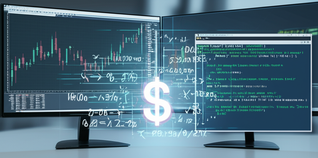 Estação de trading com gráficos MT5, editor MQL5 e diagramas de controle de capital.