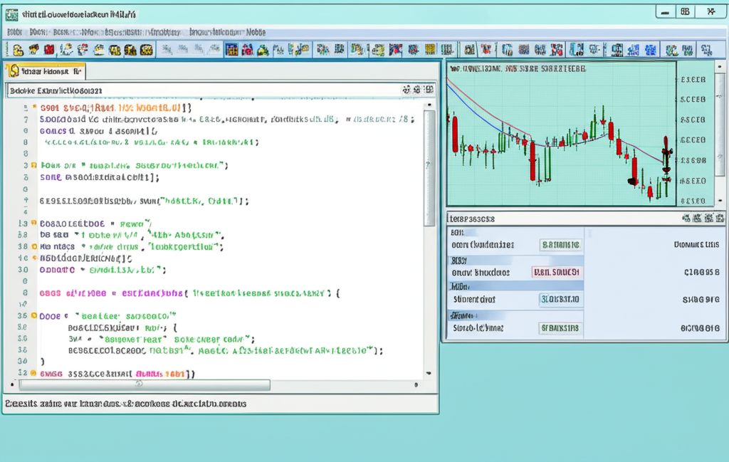 Código MQL5 para controle de ordens no MetaEditor ao lado de um gráfico do MetaTrader 5.