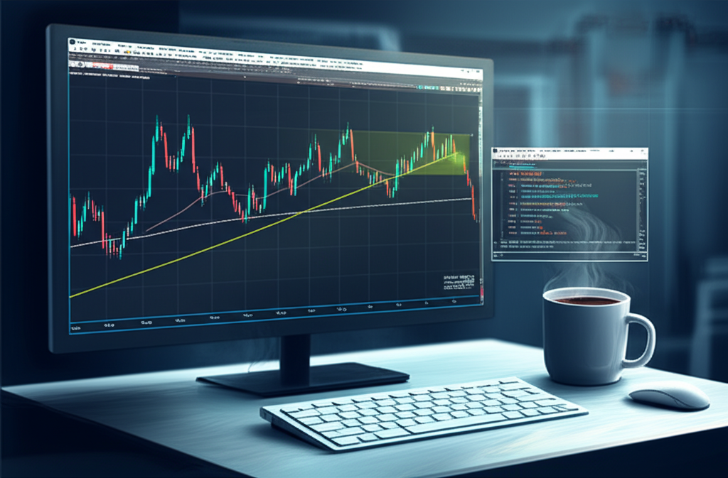 Ilustração de um gráfico no MetaTrader 5 com linha de trailing stop e código MQL5 usando a classe CTrade.