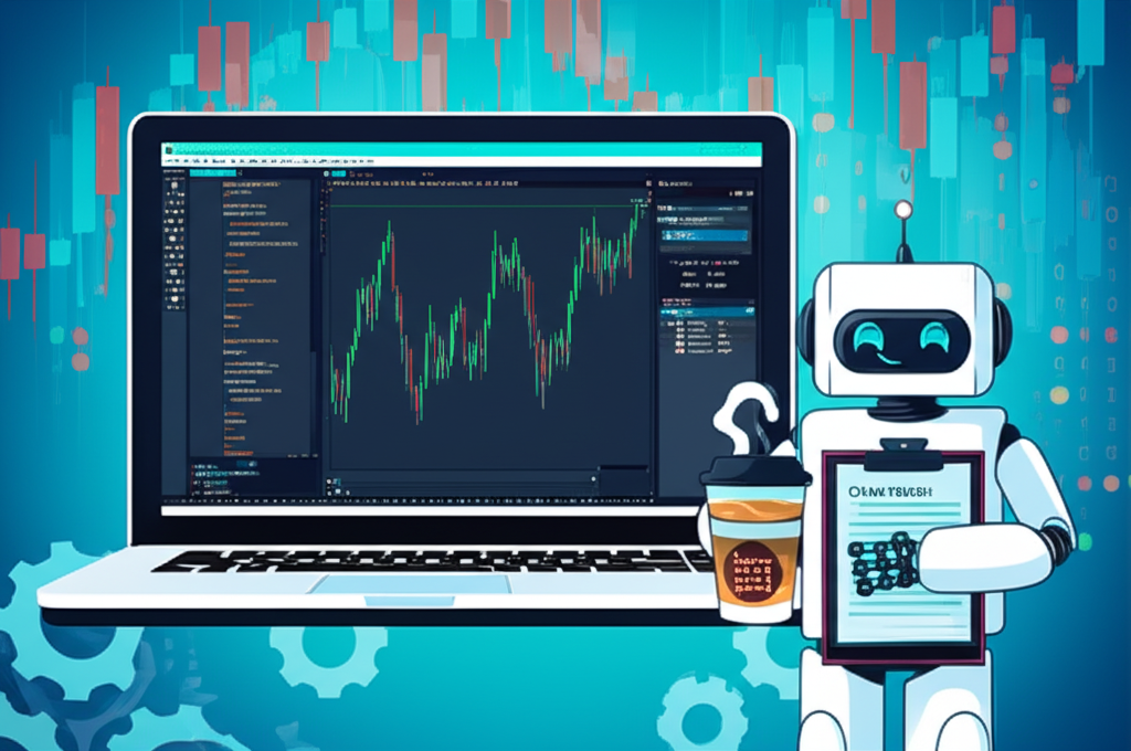 Ilustração de um tutorial MQL5 mostrando um laptop com MetaTrader 5, código de Expert Advisor e um robô amigável ao lado.