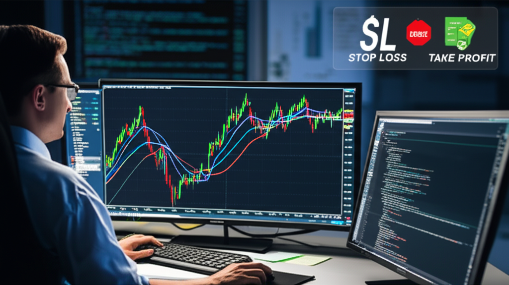 Tela do MetaTrader 5 com gráfico de cruzamento de médias móveis e código MQL5 no MetaEditor.