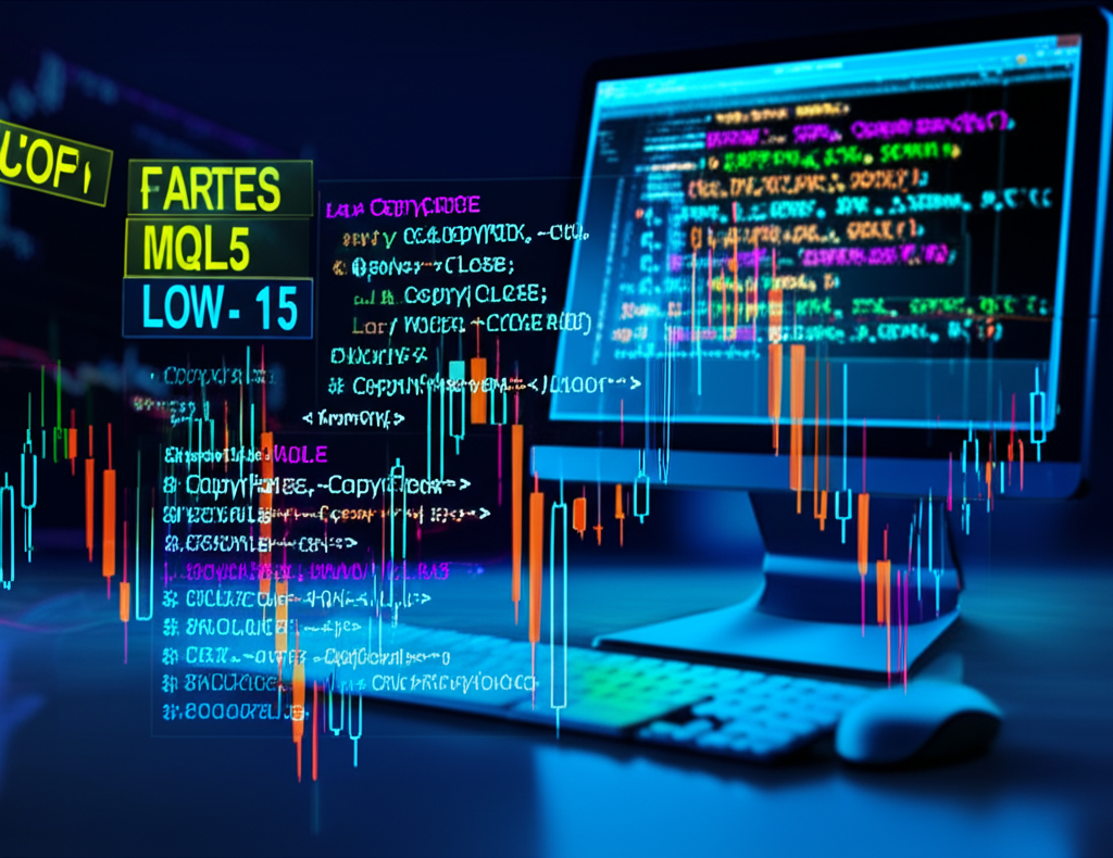 Ilustração de gráfico de velas no MetaTrader 5 com trechos de código MQL5 e o MetaEditor ao fundo.