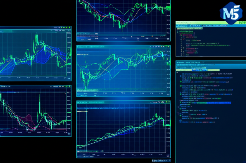 Ilustração de análise multi‑timeframe em MQL5 com gráficos de diferentes períodos e código no MetaEditor.