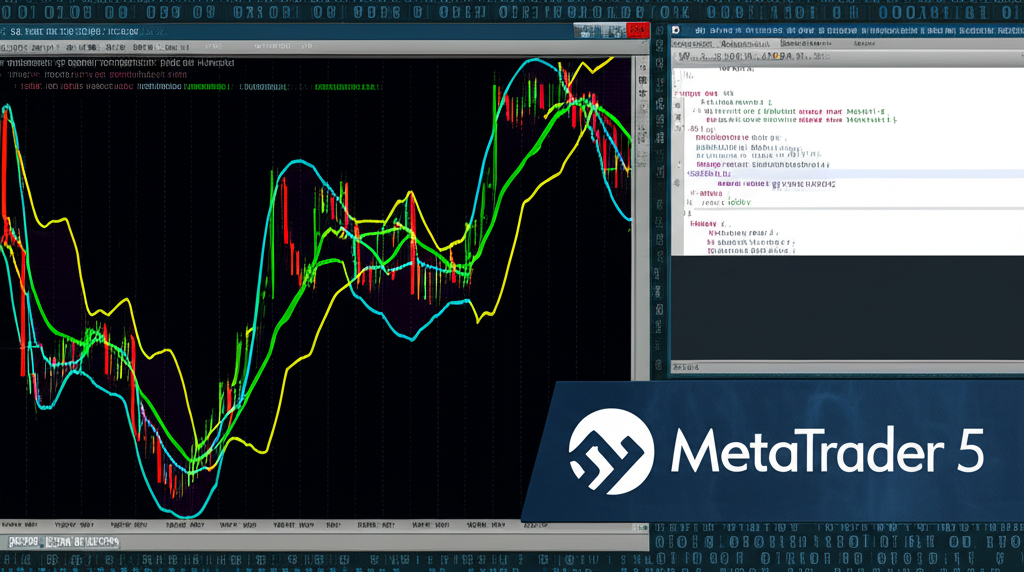 Gráfico de velas com Bandas de Bollinger destacadas dentro da plataforma MetaTrader 5, com trechos de código MQL5 visíveis.