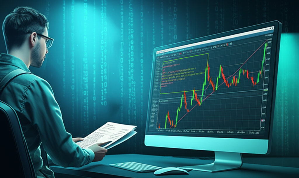 Ilustração de um desenvolvedor criando um sistema de logs no MetaTrader 5 usando MQL5, com código, funções Print e FileWrite, gráficos de candlestick e um arquivo de registro ao lado.