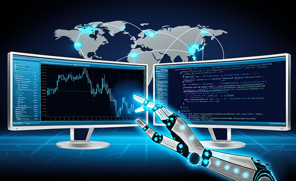 Estação de trading com MetaTrader 5 e MetaEditor, robô de código MQL5 realizando operação em gráfico Forex.