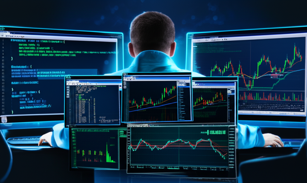 Código MQL5 no MetaEditor ao lado de um gráfico de MT5 com indicadores de sobrecompra e sobrevenda, representando estratégia de reversão de tendência.