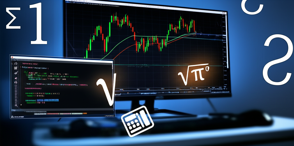 Tela de computador com MetaTrader 5, gráfico de velas, código MQL5 usando MathAbs, MathMax e MathMin, e símbolos matemáticos ao redor.