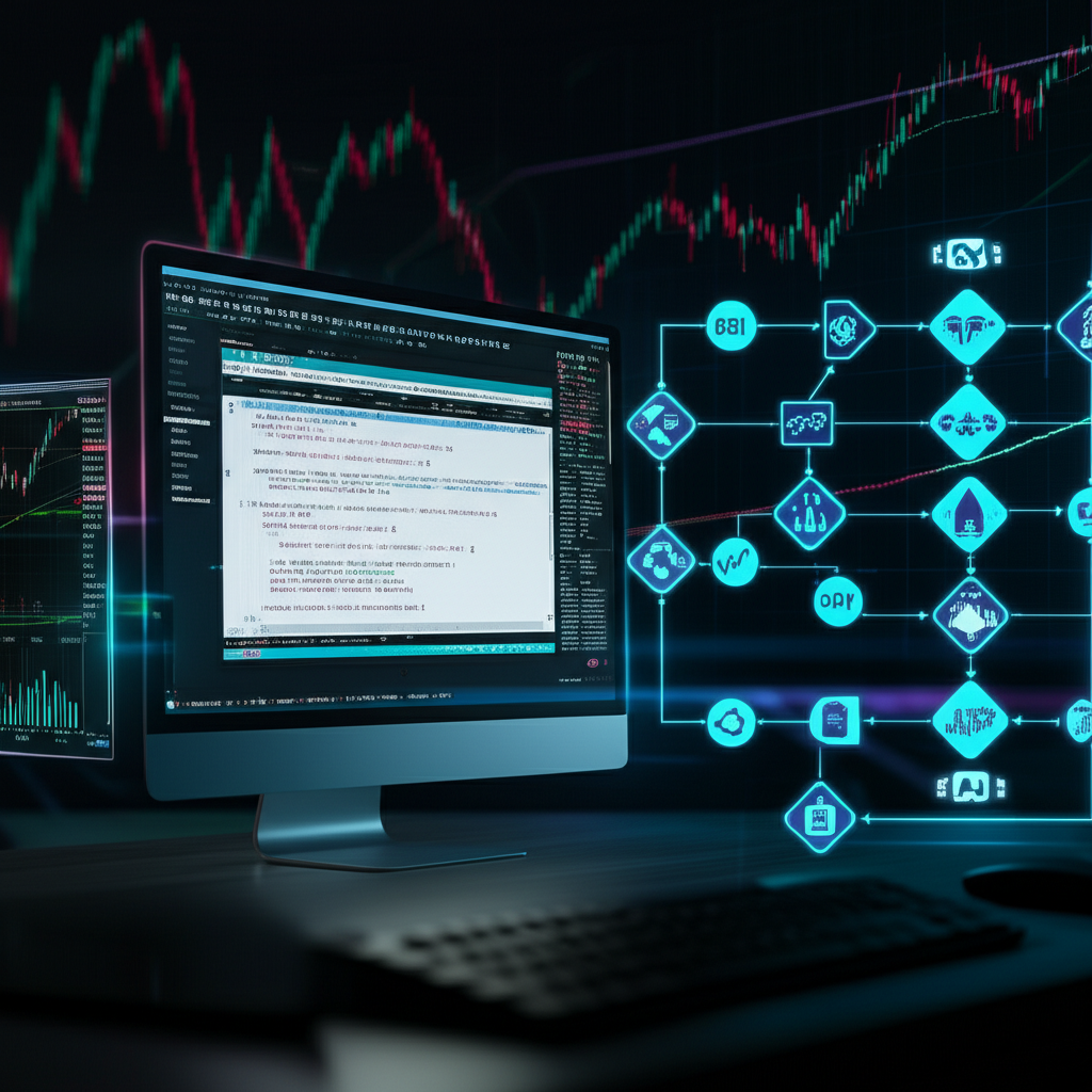 Ilustração de um robô de trading híbrido programado em MQL5, com indicadores técnicos e gráficos de candlestick.