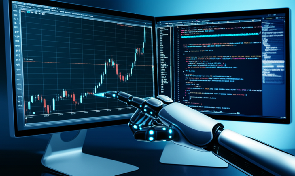 Ilustração de um robô de trading automático programado em MQL5 no MetaTrader 5, com gráficos e código ao fundo.