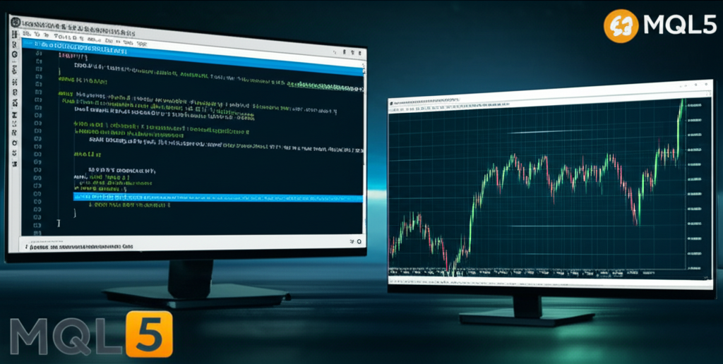 MetaEditor showing MQL5 custom indicator code alongside a MT5 chart with a modified moving average line.