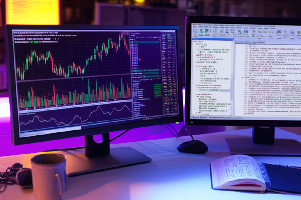 Tela de trabalho com MetaTrader 5 mostrando gráficos e código MQL5 estruturado de um Expert Advisor.