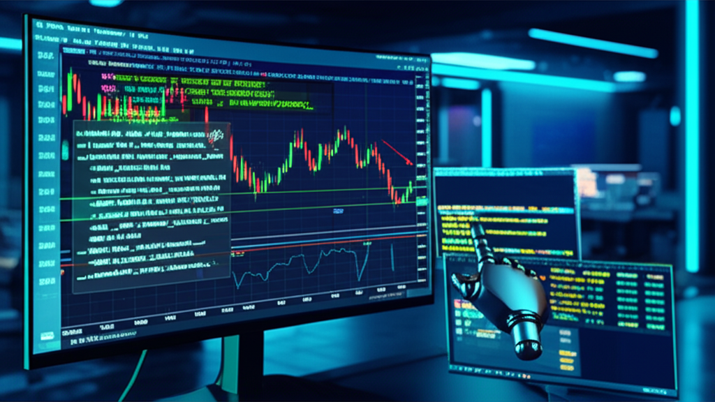 Ilustração de um robô de scalping em MQL5 analisando um gráfico de 1‑minuto no MetaTrader 5, com código e indicadores de latência.