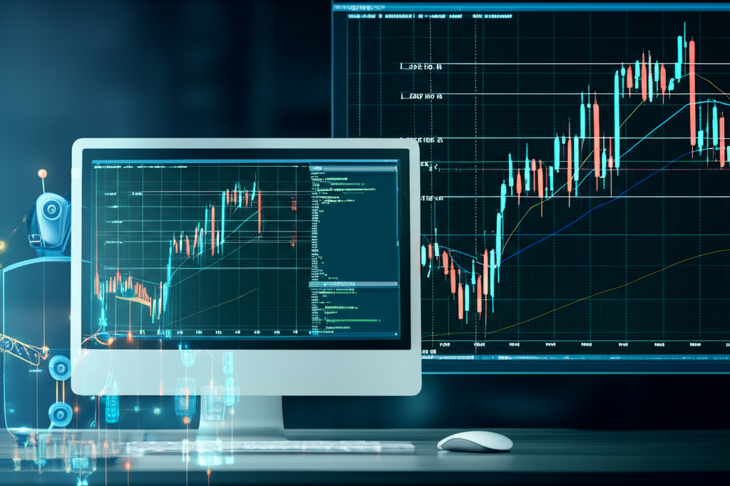 Ilustração de um robô de trading grid sendo programado no MetaEditor do MetaTrader 5, com gráficos e linhas de grade.