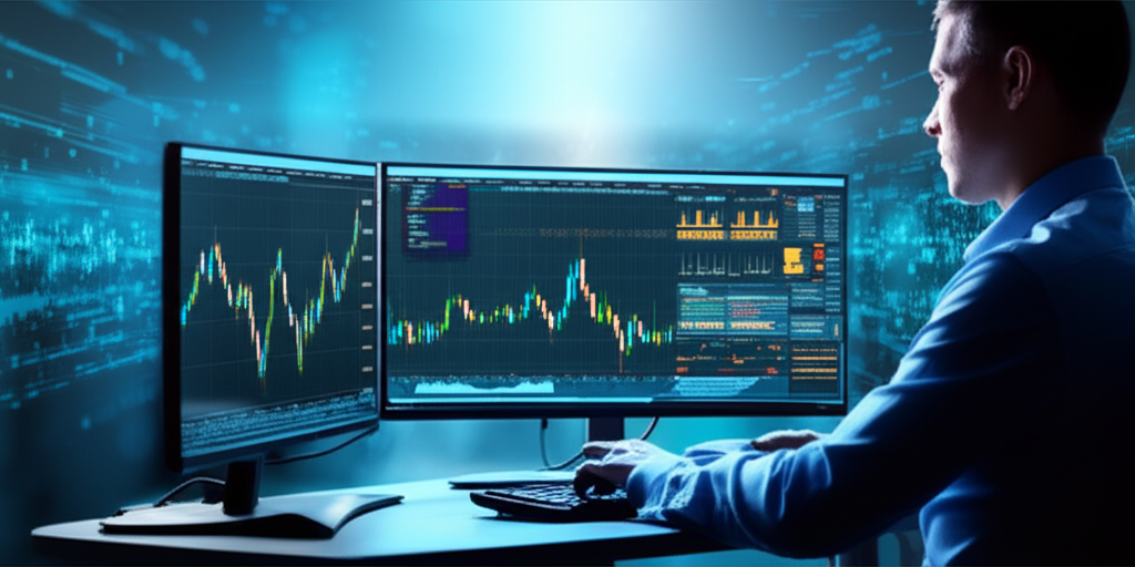 Programador de MQL5 analisando gráficos no MetaTrader 5, com códigos das funções OnTick, OnTimer e OnTrade e indicadores técnicos ao fundo.