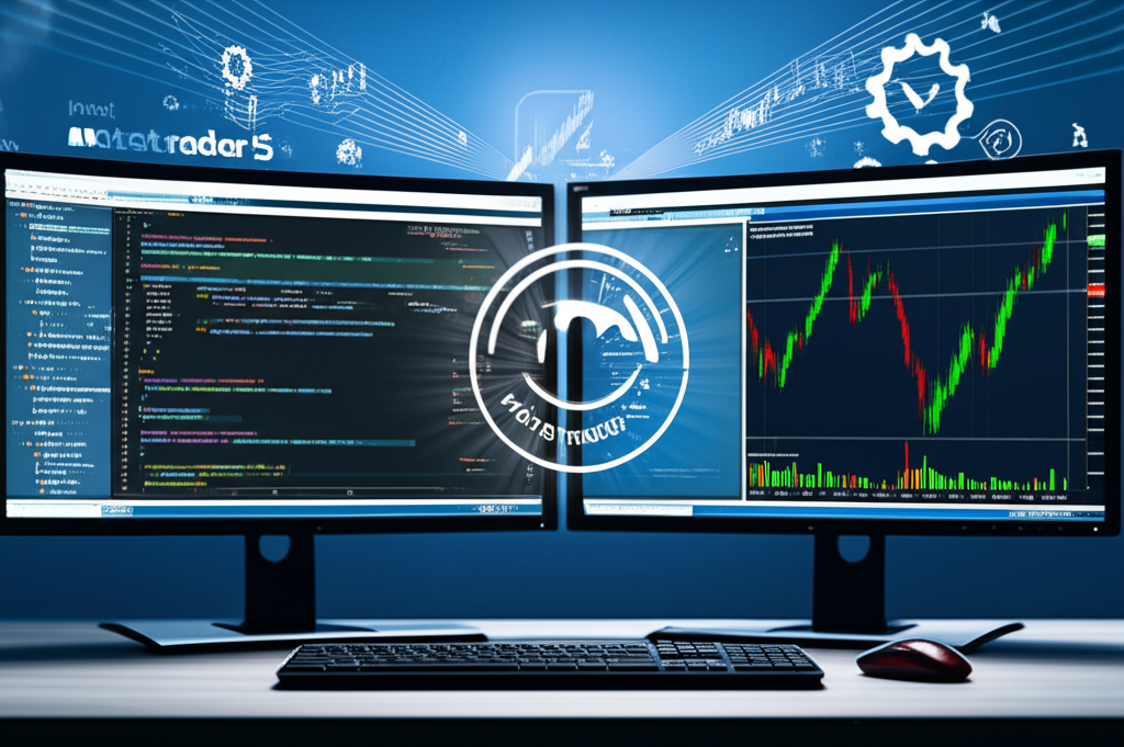 Desenvolvedor programando um script automatizado em MQL5 no MetaEditor enquanto visualiza sua execução no MetaTrader 5.