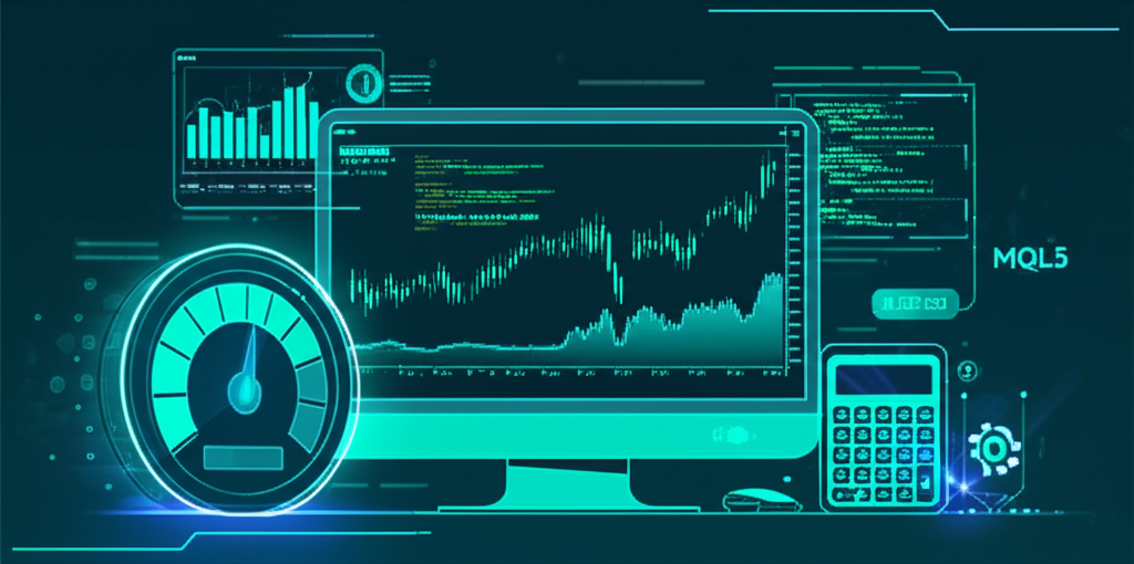 Ilustração de um ambiente de trading mostrando gerenciamento de risco em MQL5 com gráficos, código e indicadores de stop loss.